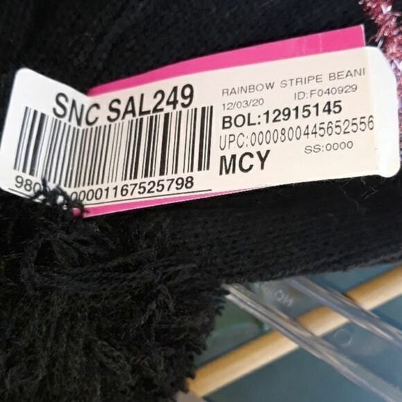 BETSY JOHNSON BLACK RAINBOW STRIPE POMPOM HAT $28. Nwt - Picture 6 of 8